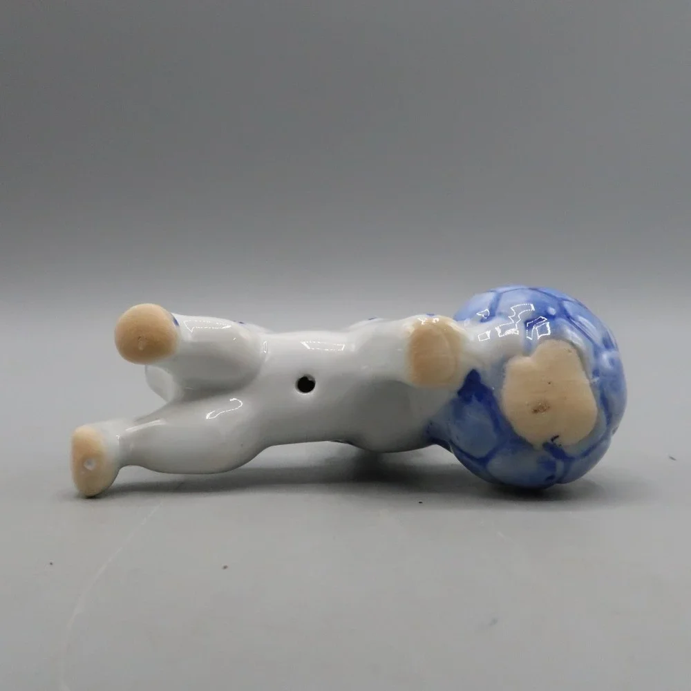 Vintage Delft Blue White Porcelain Small Cat Figurine Playing Yarn Ball